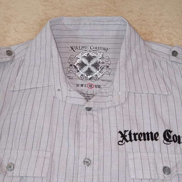 Xtreme Couture Button Up Velour Graphic Long Sleeve Men's XL Gray Stripe - Picture 1 of 9